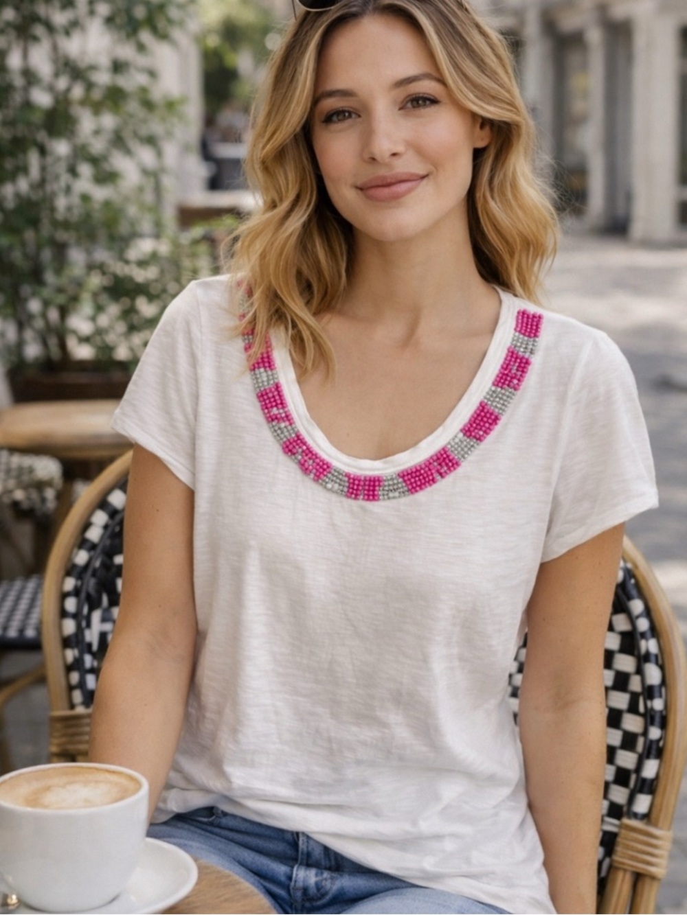 Banana Republic Milky Colllection White Tee Pink Beaded Trim 100% cotton